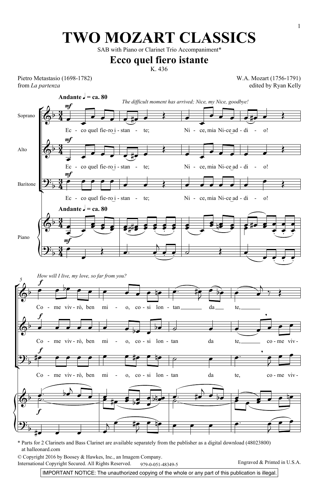 Ryan Kelly Two Mozart Classics Sheet Music Notes & Chords for SAB - Download or Print PDF
