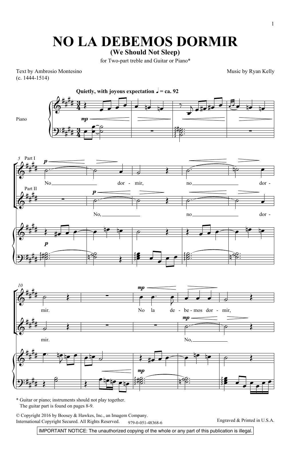 Ryan Kelly We Should Not Sleep Sheet Music Notes & Chords for 2-Part Choir - Download or Print PDF