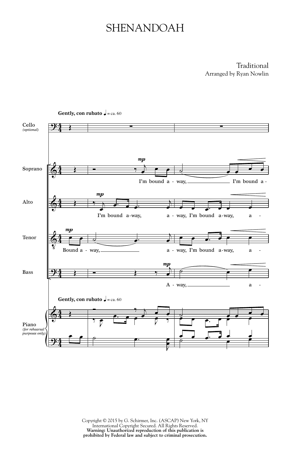 Ryan Nowlin Shenandoah Sheet Music Notes & Chords for Cello - Download or Print PDF