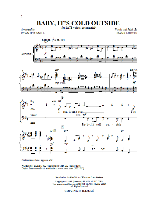 Ryan O'Connell Baby, It's Cold Outside Sheet Music Notes & Chords for SATB - Download or Print PDF