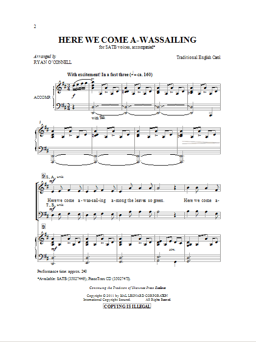 Ryan O'Connell Here We Come A-Wassailing Sheet Music Notes & Chords for SATB - Download or Print PDF