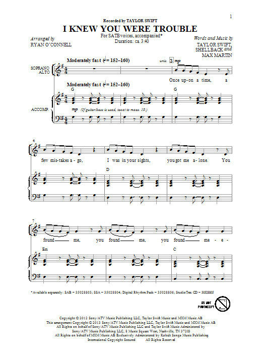 Taylor Swift I Knew You Were Trouble (arr. Ryan O'Connell) Sheet Music Notes & Chords for SSA - Download or Print PDF
