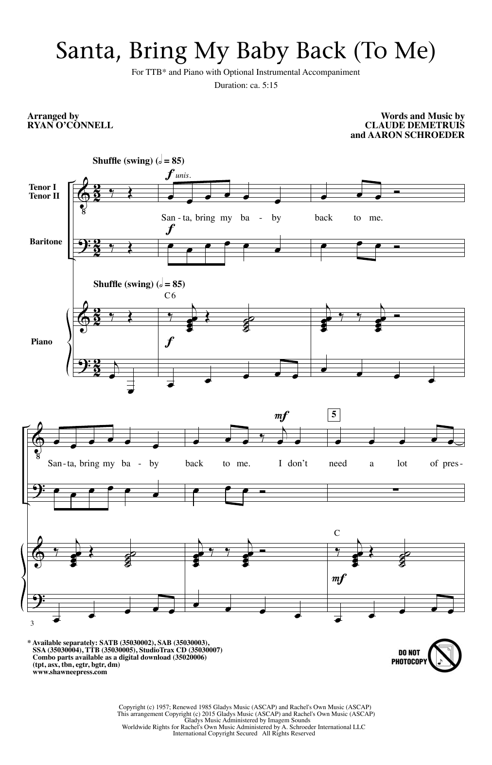 Ryan O'Connell Santa, Bring My Baby Back (To Me) Sheet Music Notes & Chords for SSA - Download or Print PDF