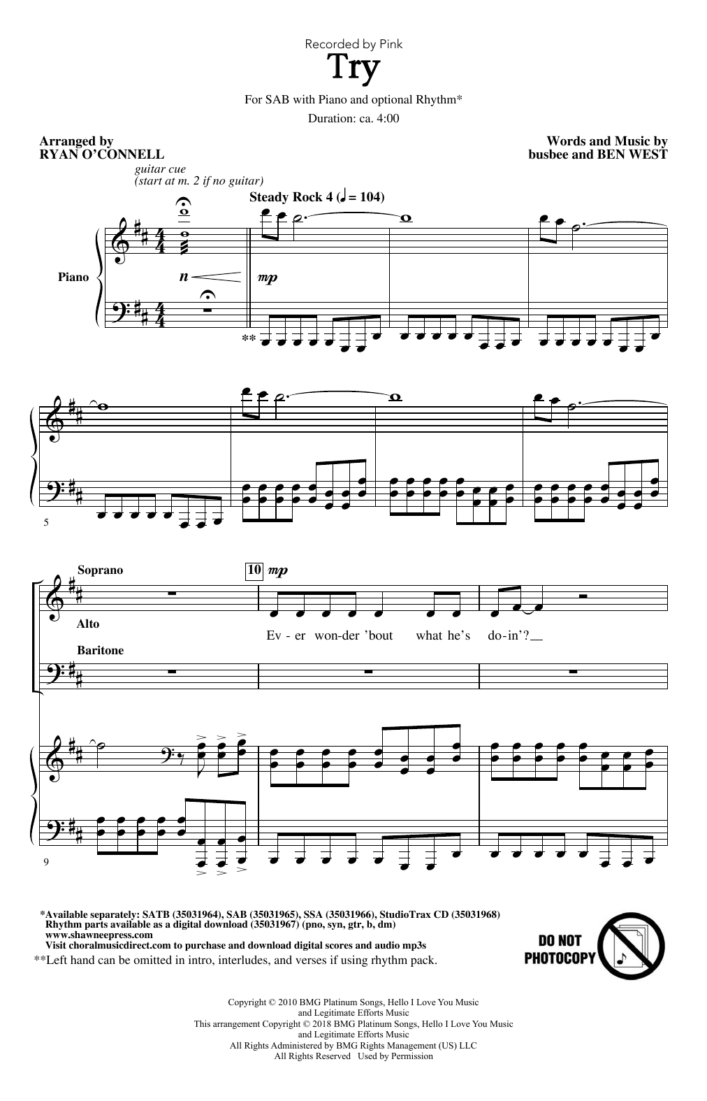 Ryan O'Connell Try Sheet Music Notes & Chords for SSA - Download or Print PDF