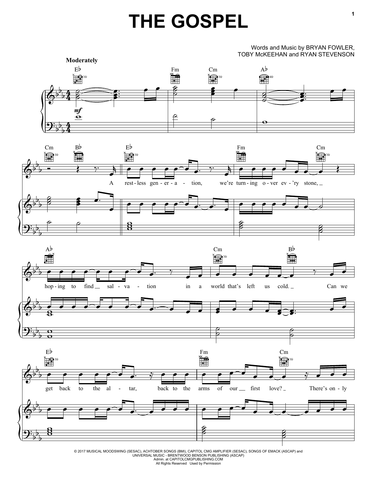 Ryan Stevenson The Gospel Sheet Music Notes & Chords for Piano, Vocal & Guitar (Right-Hand Melody) - Download or Print PDF