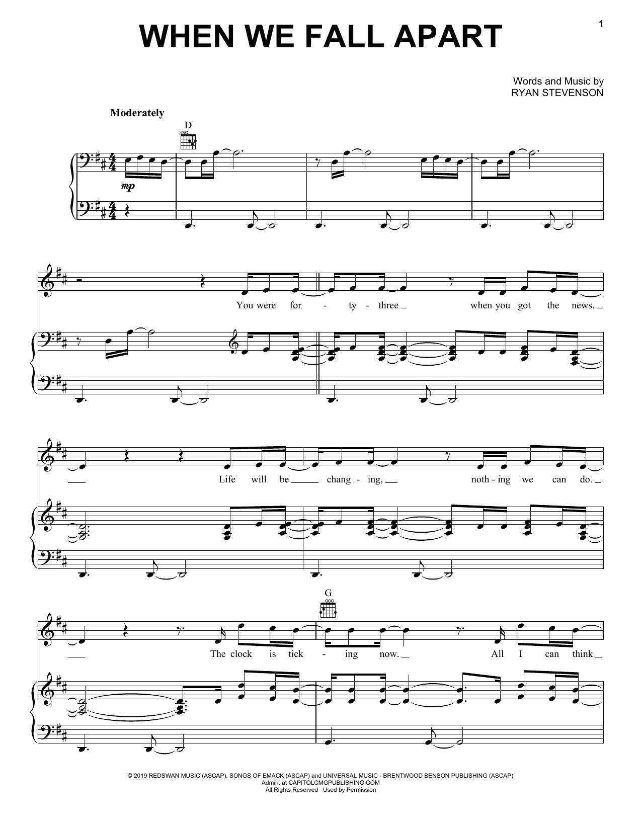 Ryan Stevenson When We Fall Apart Sheet Music Notes & Chords for Piano, Vocal & Guitar (Right-Hand Melody) - Download or Print PDF