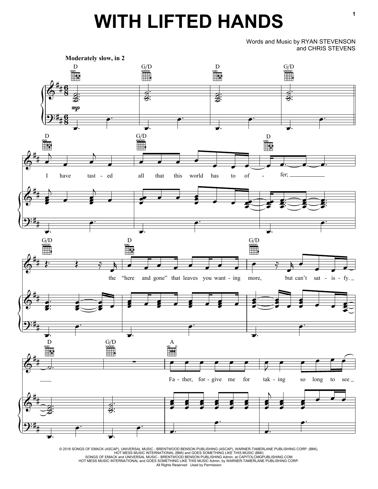Ryan Stevenson With Lifted Hands Sheet Music Notes & Chords for Piano, Vocal & Guitar (Right-Hand Melody) - Download or Print PDF