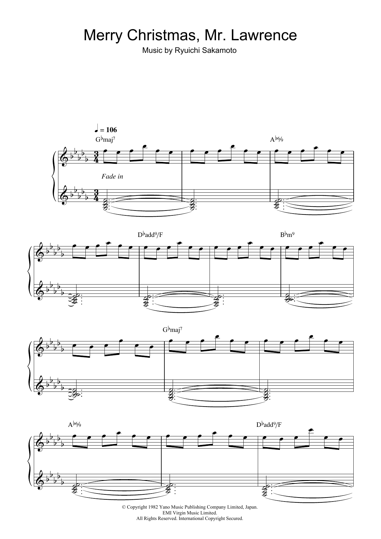 Ryuichi Sakamoto Merry Christmas, Mr. Lawrence Sheet Music Notes & Chords for Piano - Download or Print PDF