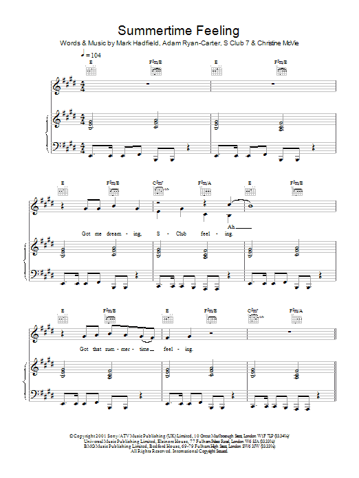 S Club 7 Summertime Feeling Sheet Music Notes & Chords for Piano, Vocal & Guitar - Download or Print PDF