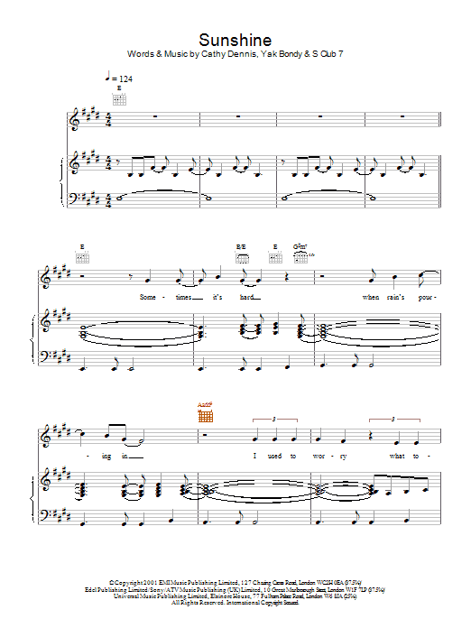 S Club 7 Sunshine Sheet Music Notes & Chords for Piano, Vocal & Guitar - Download or Print PDF