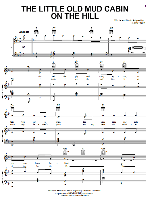 S. Gaffney The Little Old Mud Cabin On The Hill Sheet Music Notes & Chords for Piano, Vocal & Guitar (Right-Hand Melody) - Download or Print PDF