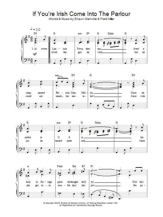 S Glenville If You're Irish Come Into The Parlour Sheet Music Notes & Chords for Piano, Vocal & Guitar (Right-Hand Melody) - Download or Print PDF