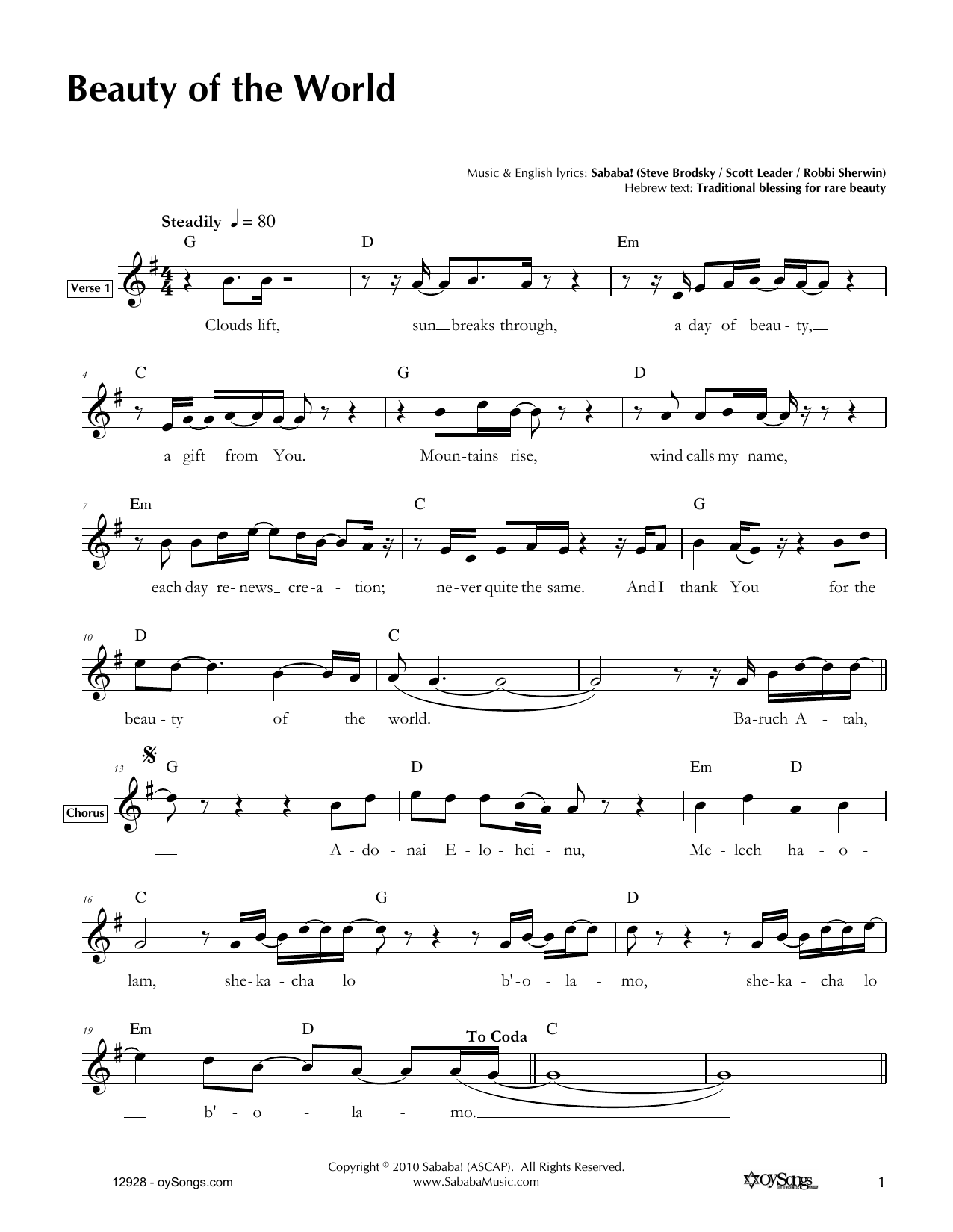 Sababa Beauty of the World Sheet Music Notes & Chords for Melody Line, Lyrics & Chords - Download or Print PDF