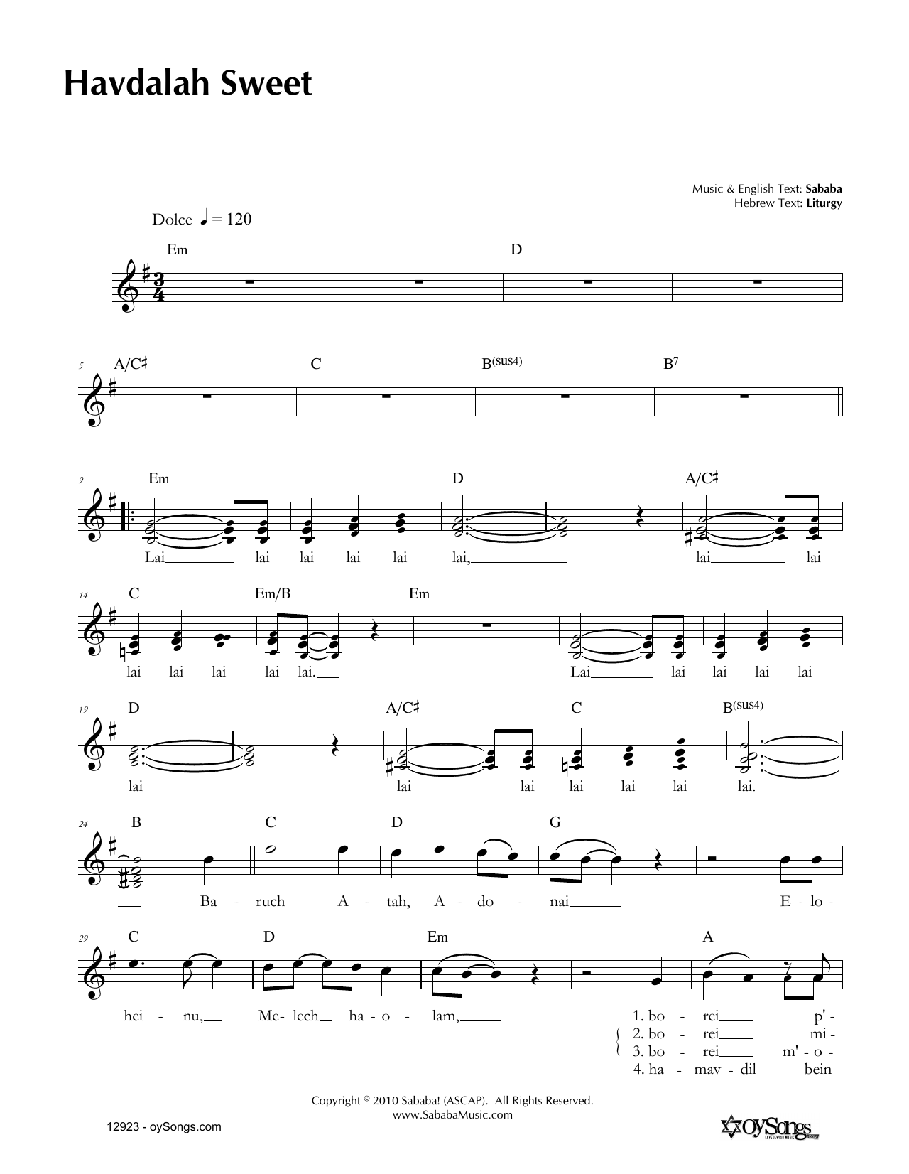 Sababa Havdalah Sweet Sheet Music Notes & Chords for Melody Line, Lyrics & Chords - Download or Print PDF