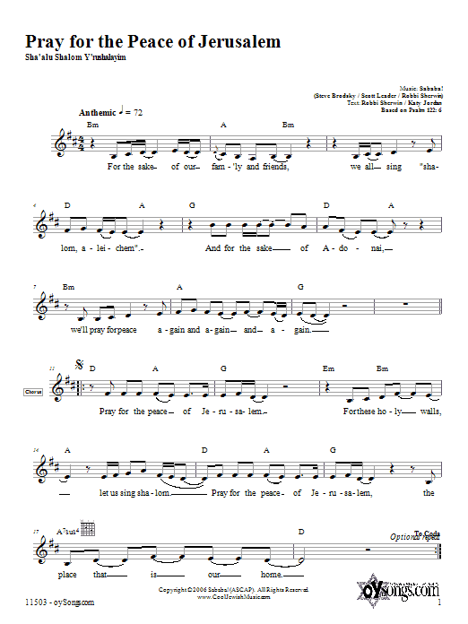 Sababa Pray for the Peace of Jerusalem Sheet Music Notes & Chords for Melody Line, Lyrics & Chords - Download or Print PDF