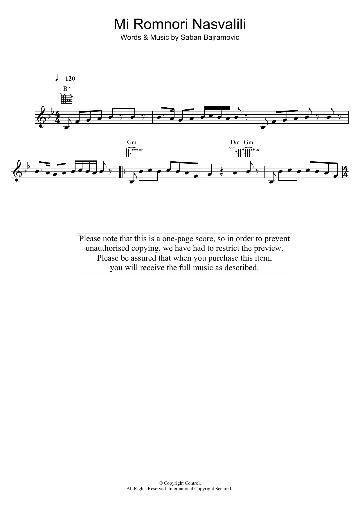 Saban Bajramovic Mi Romnori Nasvalili Sheet Music Notes & Chords for Melody Line, Lyrics & Chords - Download or Print PDF