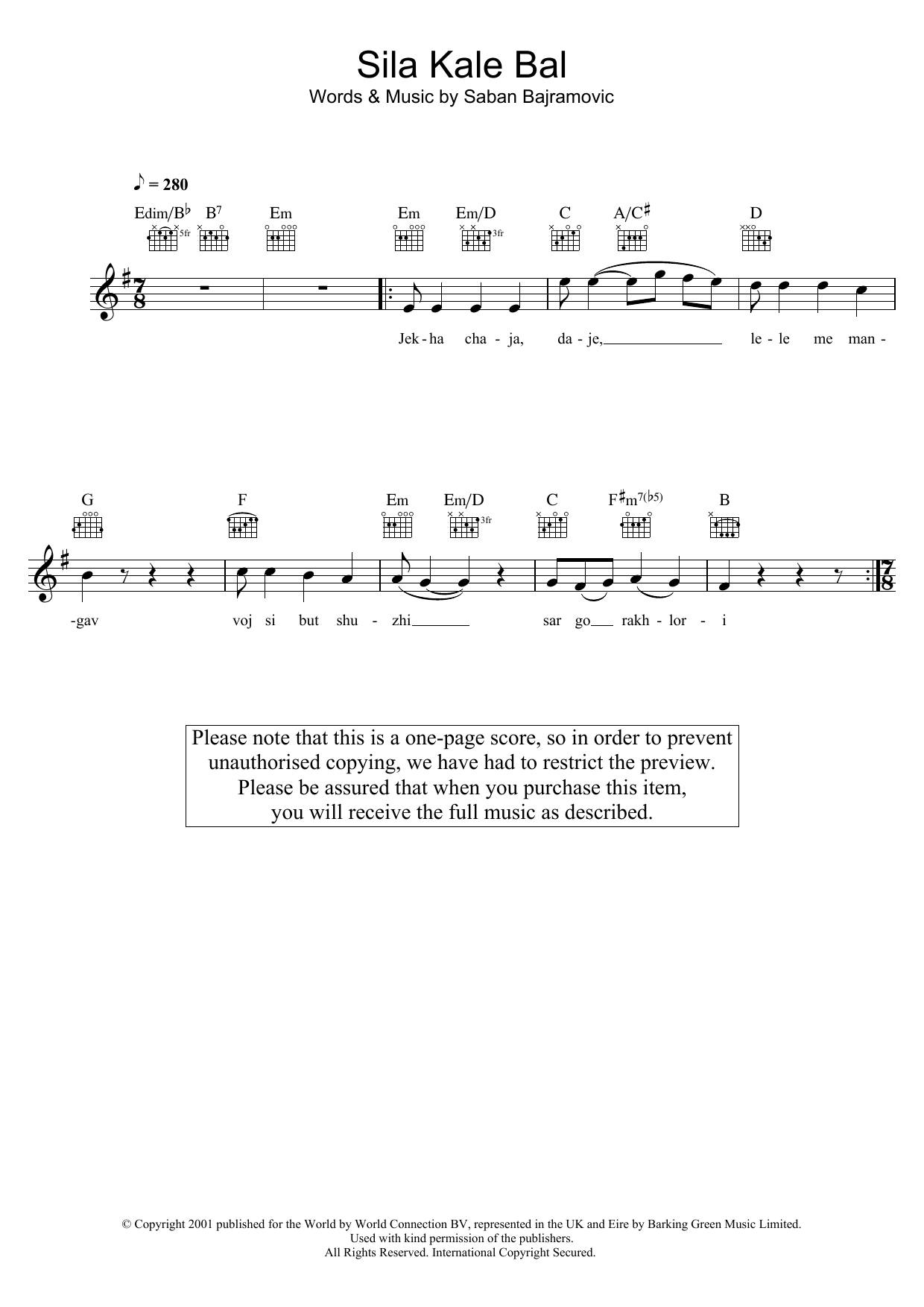 Saban Bajramovic Sila Kale Bal Sheet Music Notes & Chords for Melody Line, Lyrics & Chords - Download or Print PDF