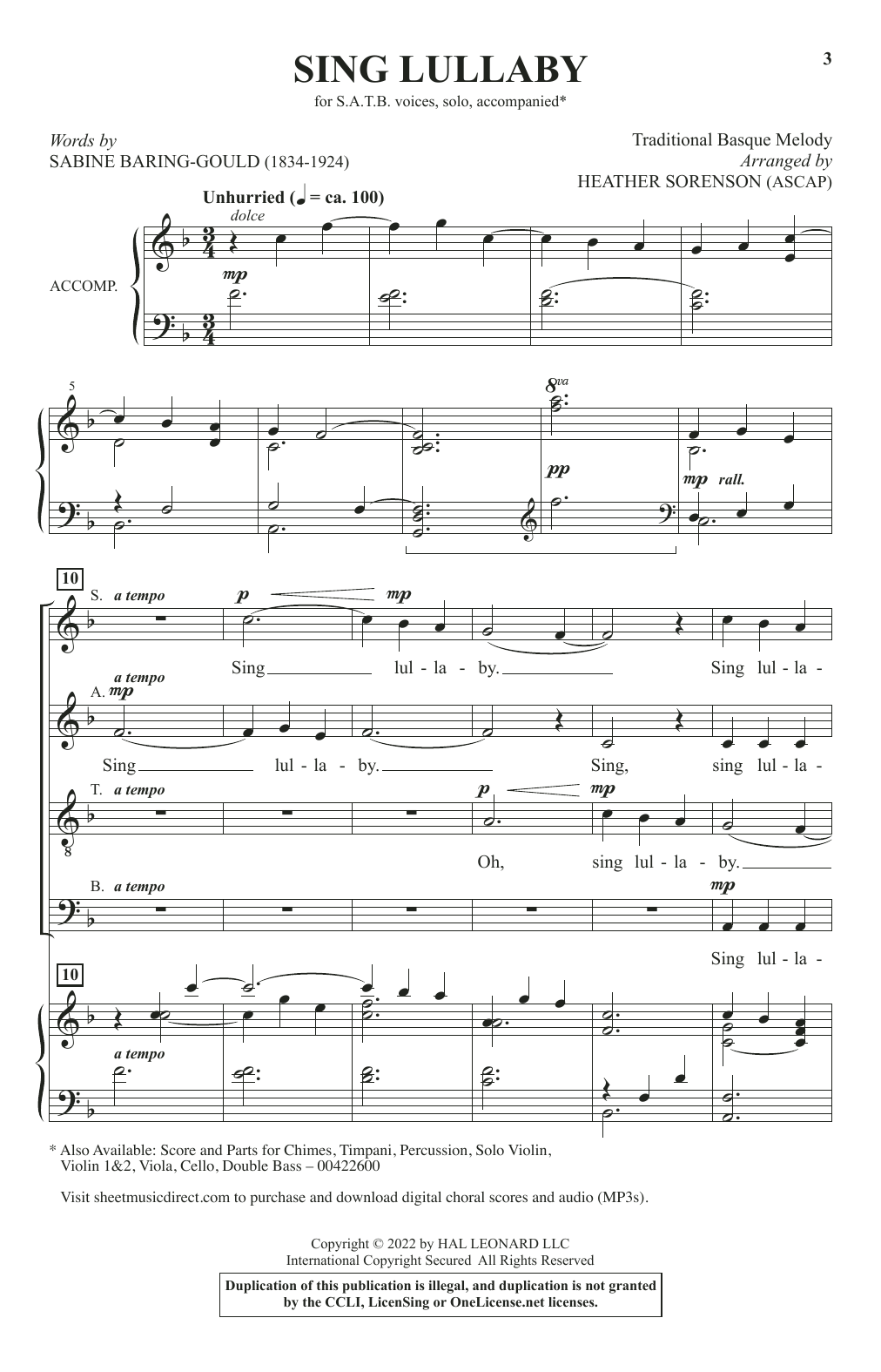 Sabine-Baring Gould Sing Lullaby (arr. Heather Sorenson) Sheet Music Notes & Chords for SATB Choir - Download or Print PDF