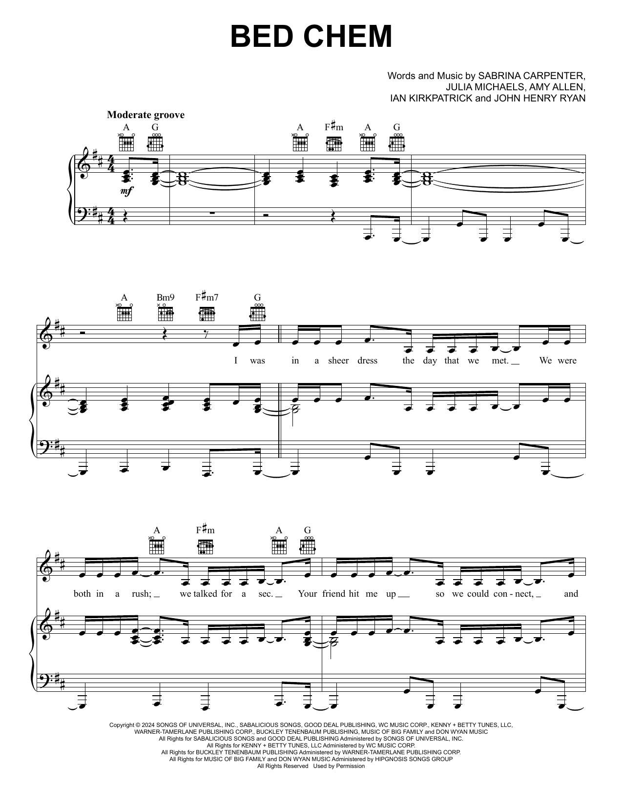 Sabrina Carpenter Bed Chem Sheet Music Notes & Chords for Piano, Vocal & Guitar Chords (Right-Hand Melody) - Download or Print PDF