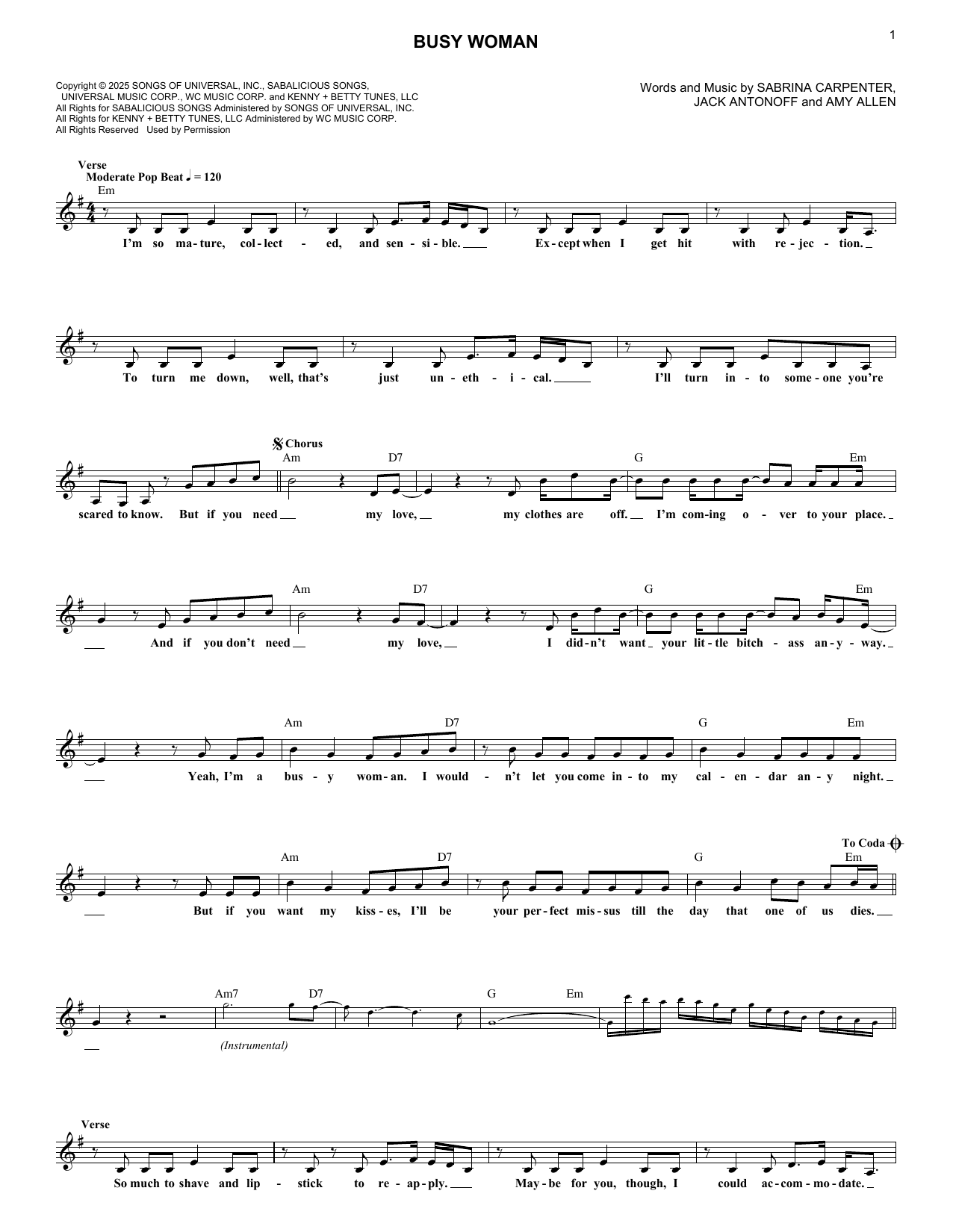 Sabrina Carpenter Busy Woman Sheet Music Notes & Chords for Lead Sheet / Fake Book - Download or Print PDF