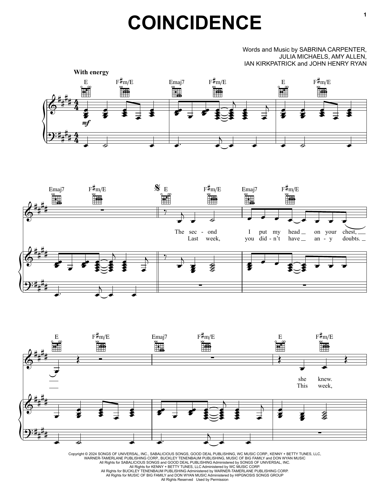 Sabrina Carpenter Coincidence Sheet Music Notes & Chords for Piano, Vocal & Guitar Chords (Right-Hand Melody) - Download or Print PDF