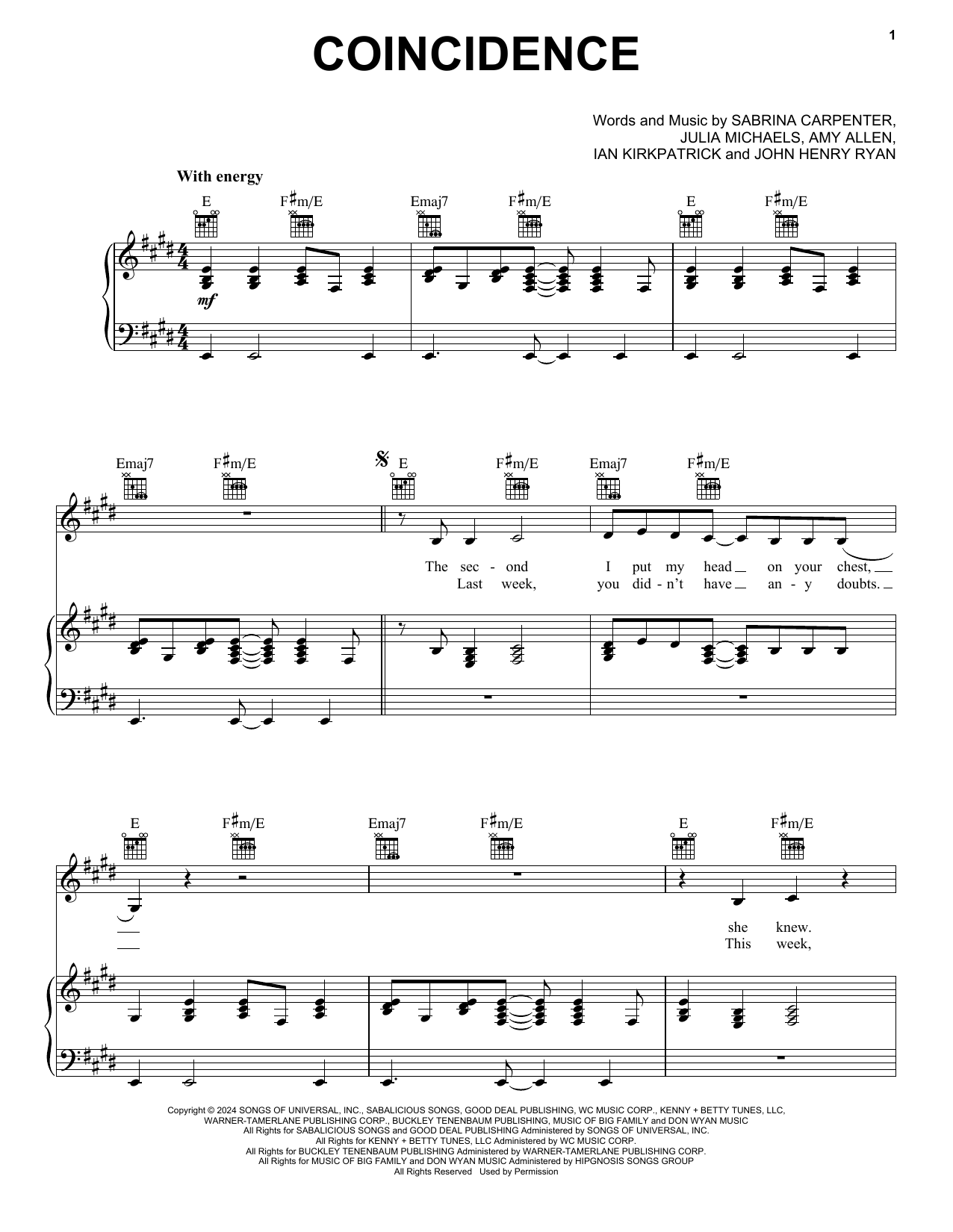 Sabrina Carpenter Coincidence Sheet Music Notes & Chords for Piano, Vocal & Guitar Chords (Right-Hand Melody) - Download or Print PDF