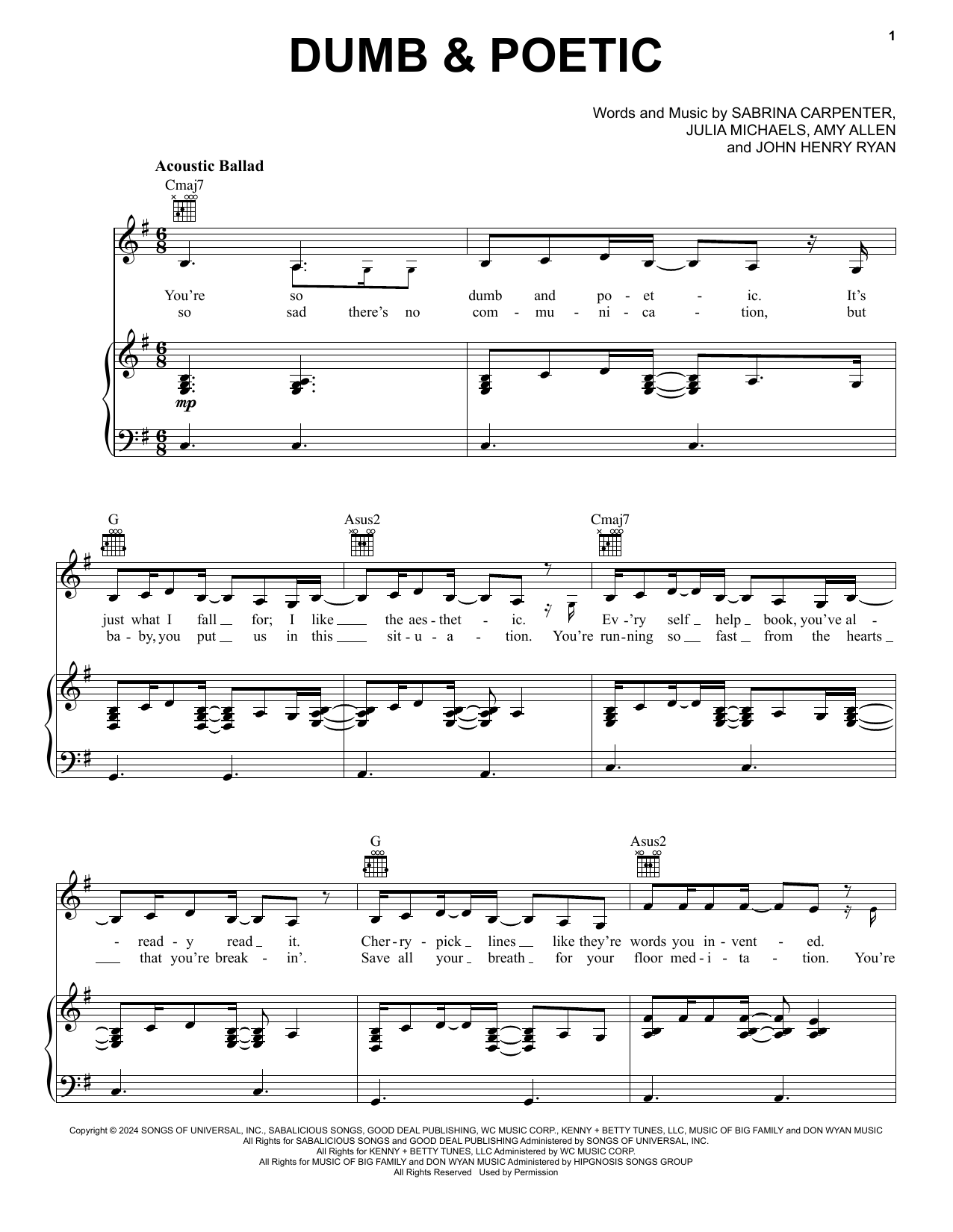 Sabrina Carpenter Dumb & Poetic Sheet Music Notes & Chords for Piano, Vocal & Guitar Chords (Right-Hand Melody) - Download or Print PDF