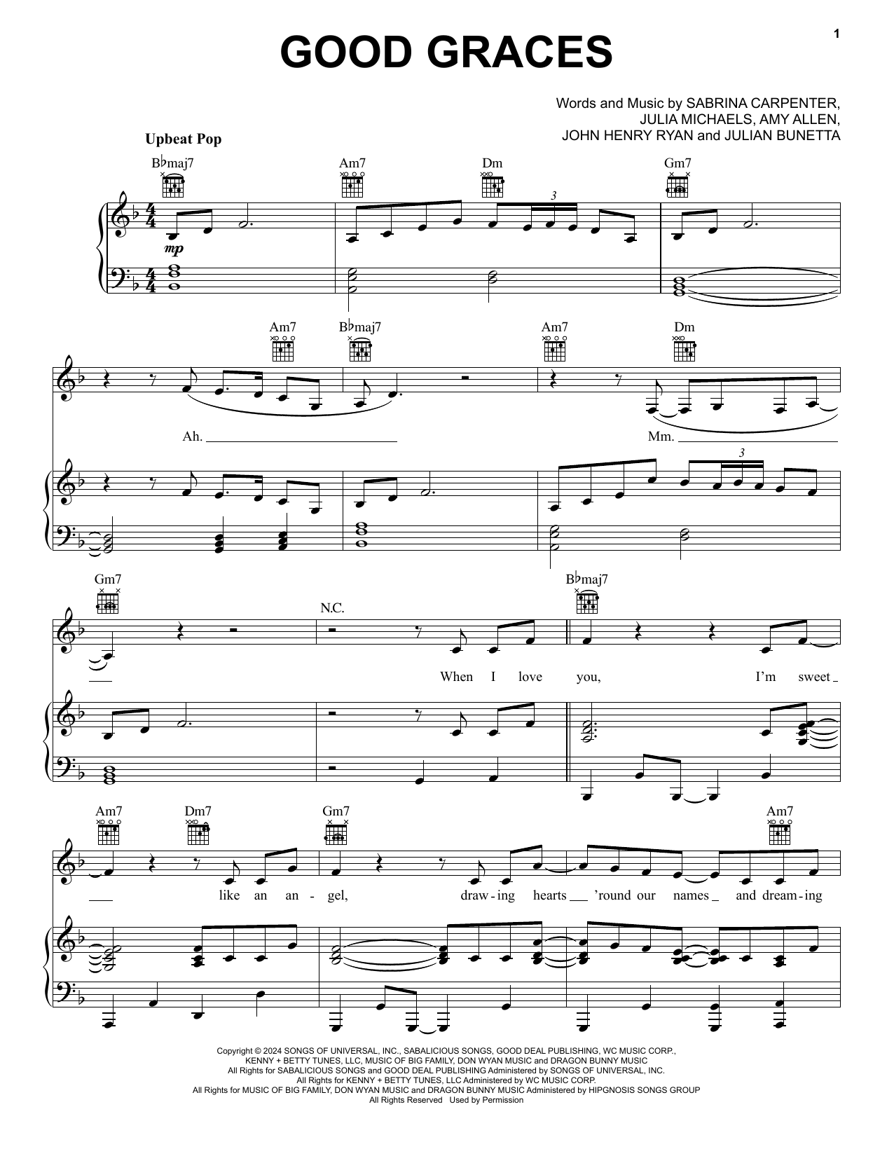 Sabrina Carpenter Good Graces Sheet Music Notes & Chords for Piano, Vocal & Guitar Chords (Right-Hand Melody) - Download or Print PDF