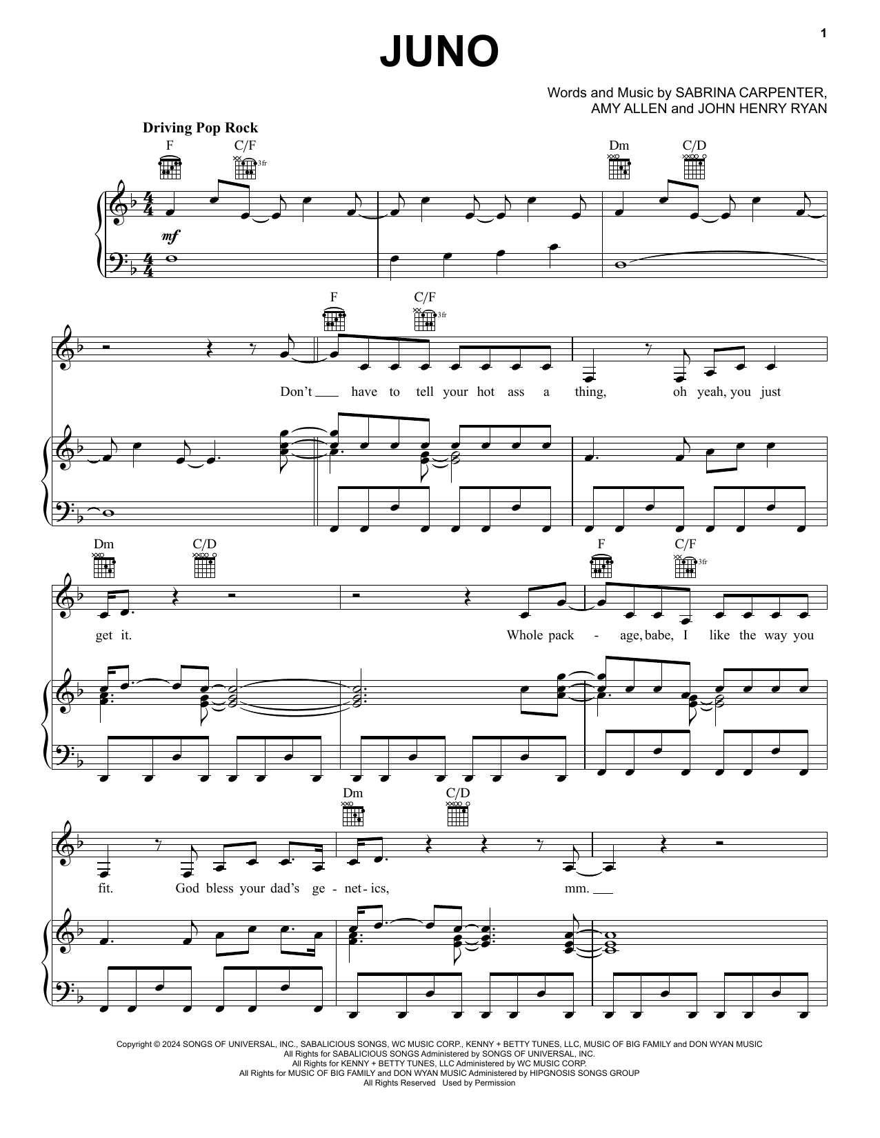 Sabrina Carpenter Juno Sheet Music Notes & Chords for Piano, Vocal & Guitar Chords (Right-Hand Melody) - Download or Print PDF