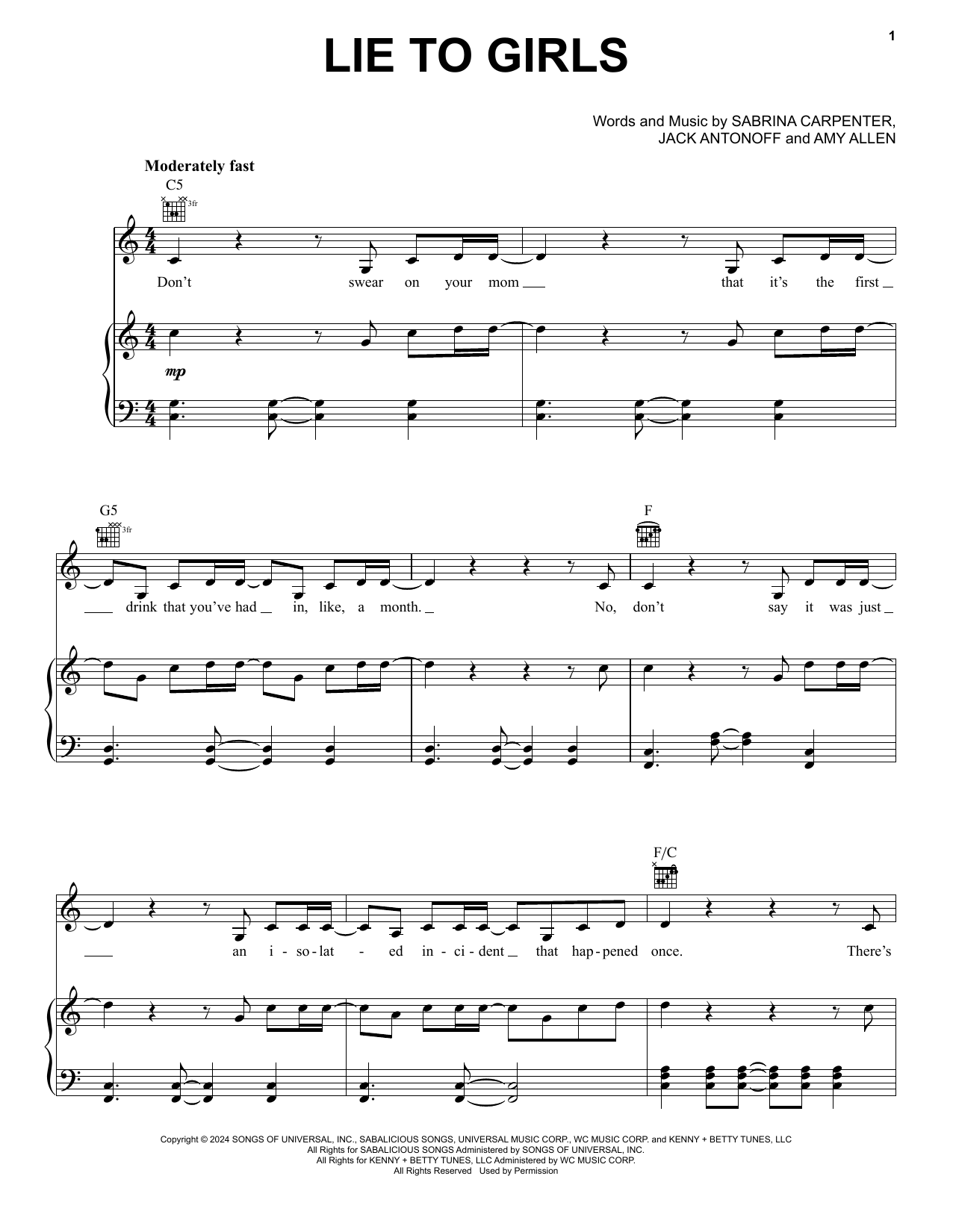 Sabrina Carpenter Lie To Girls Sheet Music Notes & Chords for Piano, Vocal & Guitar Chords (Right-Hand Melody) - Download or Print PDF