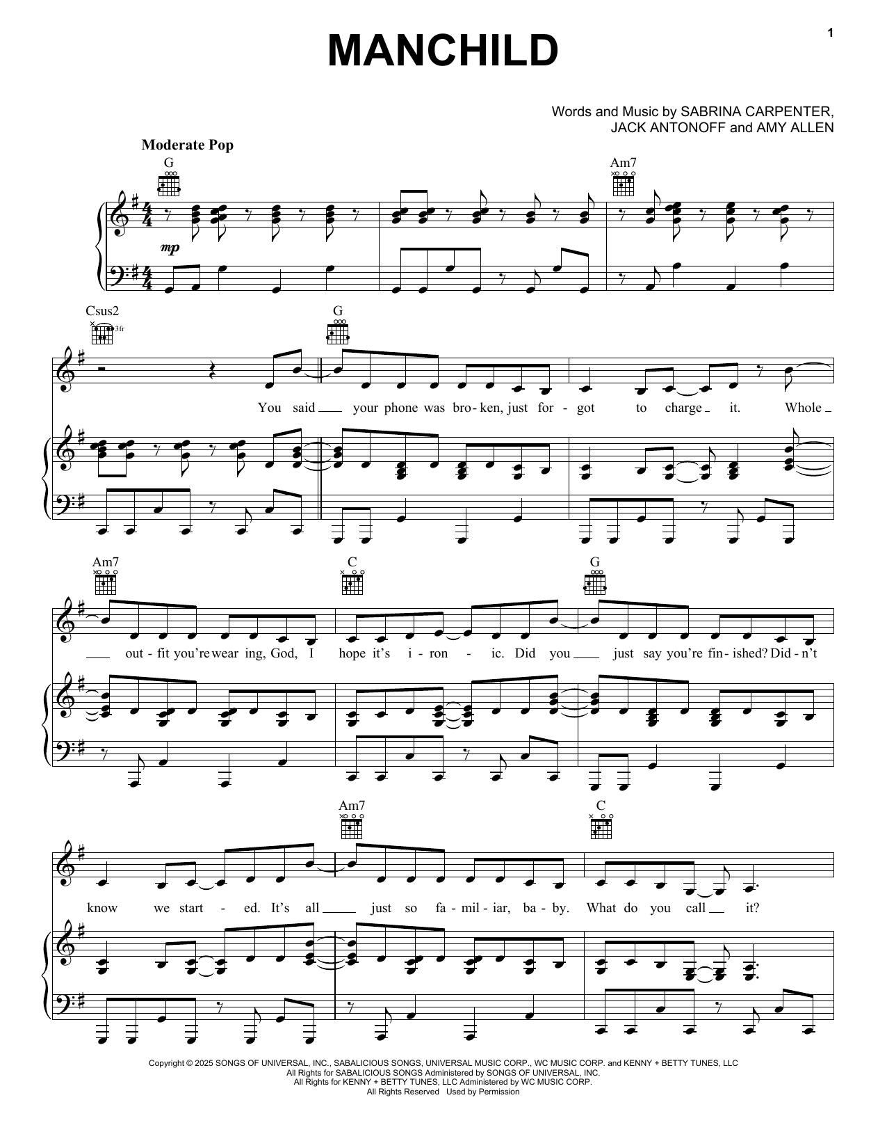 Sabrina Carpenter Manchild Sheet Music Notes & Chords for Piano, Vocal & Guitar Chords (Right-Hand Melody) - Download or Print PDF Sabrina Carpenter Manchild Sheet Music Notes & Chords for Piano, Vocal & Guitar Chords (Right-Hand Melody) - Download or Print PDF