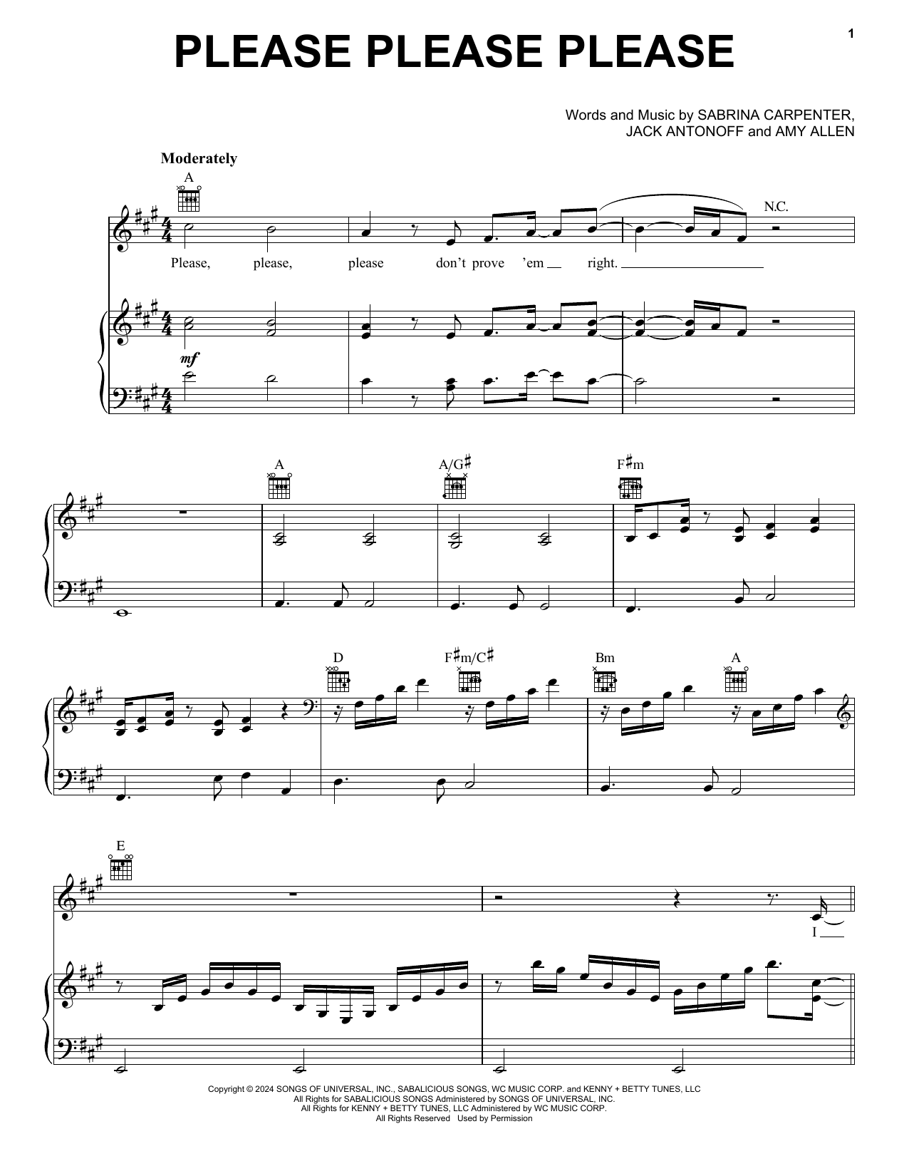 Sabrina Carpenter Please Please Please Sheet Music Notes & Chords for Piano, Vocal & Guitar Chords (Right-Hand Melody) - Download or Print PDF