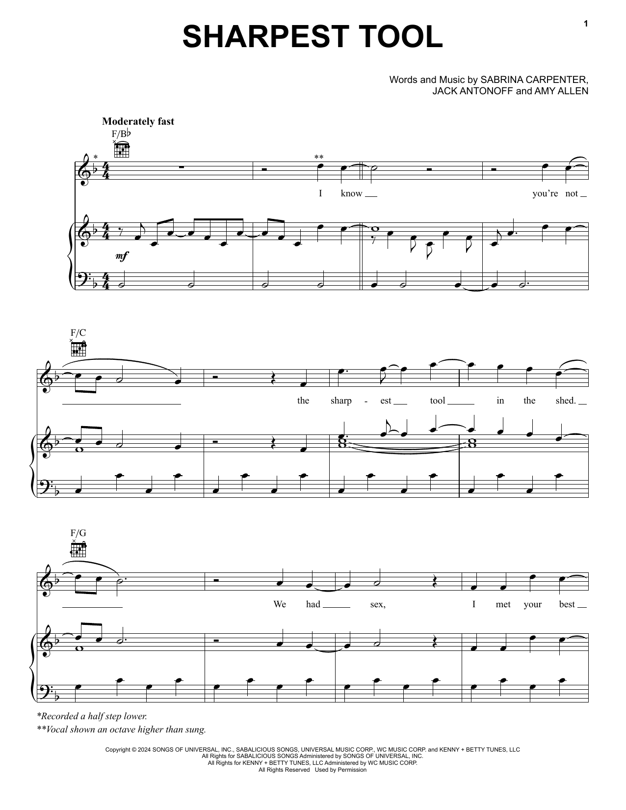 Sabrina Carpenter Sharpest Tool Sheet Music Notes & Chords for Piano, Vocal & Guitar Chords (Right-Hand Melody) - Download or Print PDF