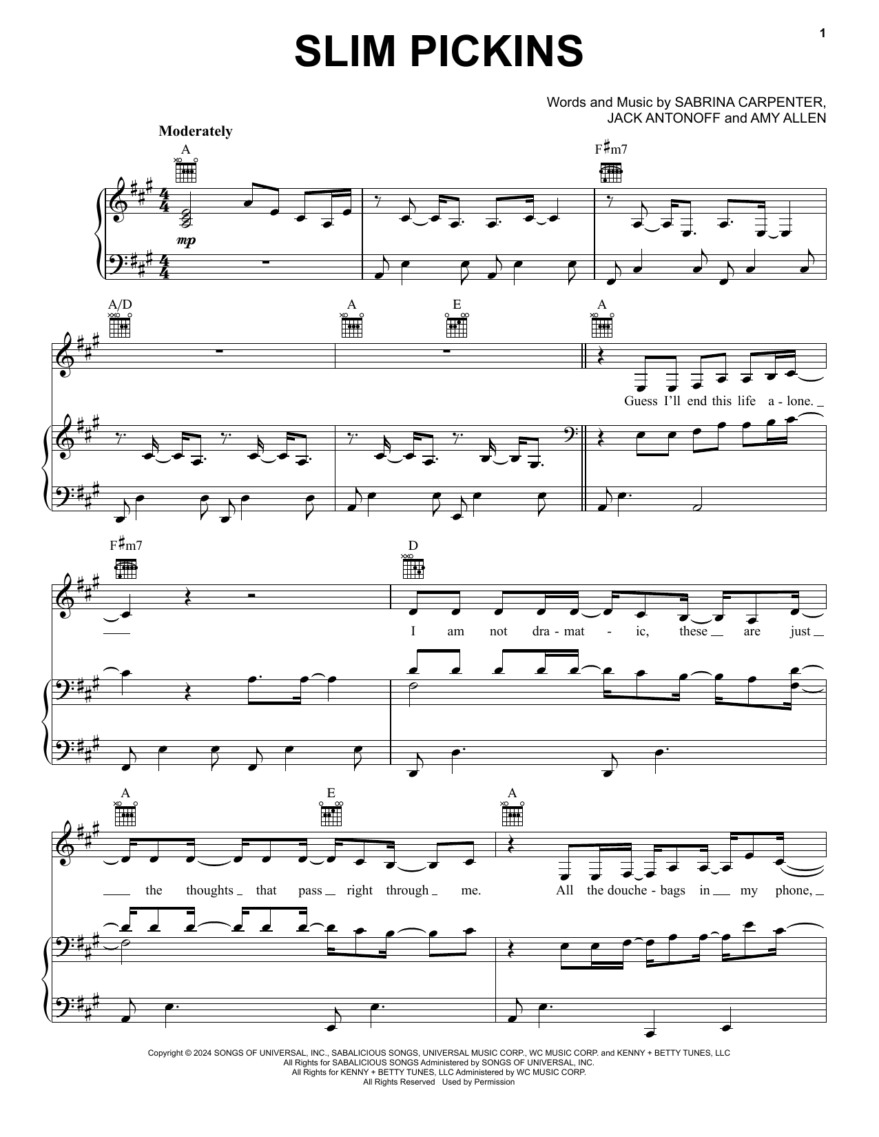 Sabrina Carpenter Slim Pickins Sheet Music Notes & Chords for Piano, Vocal & Guitar Chords (Right-Hand Melody) - Download or Print PDF