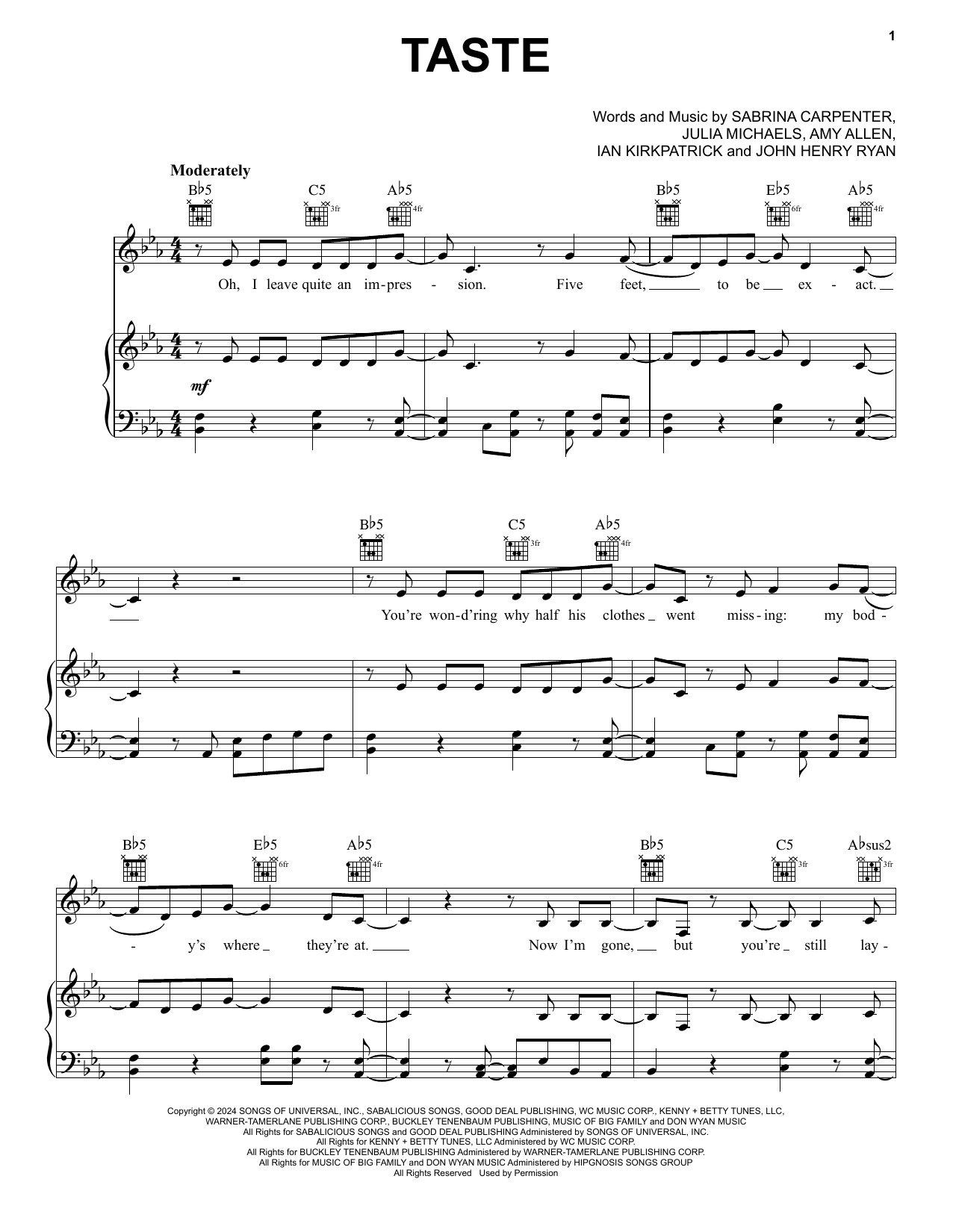 Sabrina Carpenter Taste Sheet Music Notes & Chords for Piano, Vocal & Guitar Chords (Right-Hand Melody) - Download or Print PDF