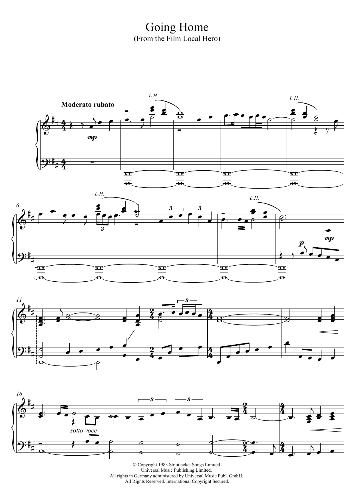 Sacha Puttnam Going Home (Theme from 'Local Hero') (as performed by Sacha Puttnam) Sheet Music Notes & Chords for Piano - Download or Print PDF
