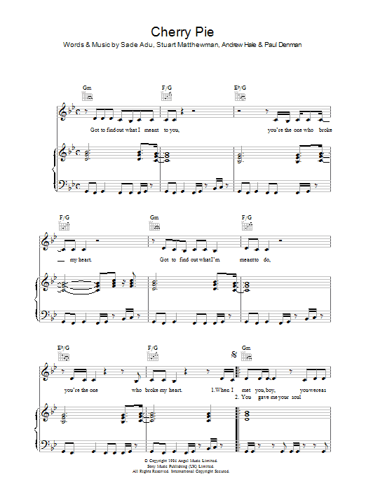 Sade Cherry Pie Sheet Music Notes & Chords for Piano, Vocal & Guitar - Download or Print PDF