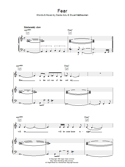 Sade Fear Sheet Music Notes & Chords for Piano, Vocal & Guitar - Download or Print PDF