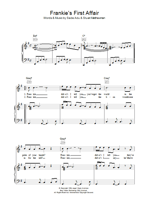 Sade Frankie's First Affair Sheet Music Notes & Chords for Piano, Vocal & Guitar (Right-Hand Melody) - Download or Print PDF