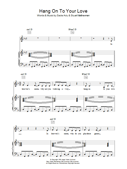 Sade Hang On To Your Love Sheet Music Notes & Chords for Piano, Vocal & Guitar (Right-Hand Melody) - Download or Print PDF