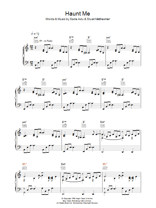 Sade Haunt Me Sheet Music Notes & Chords for Piano, Vocal & Guitar (Right-Hand Melody) - Download or Print PDF