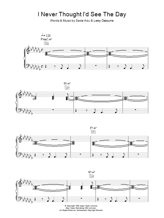 Sade I Never Thought I'd See The Day Sheet Music Notes & Chords for Piano, Vocal & Guitar - Download or Print PDF Sade I Never Thought I'd See The Day Sheet Music Notes & Chords for Piano, Vocal & Guitar - Download or Print PDF