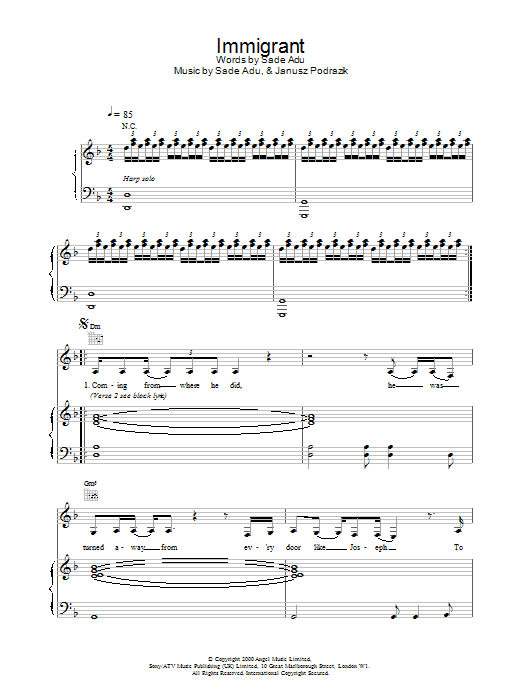 Sade Immigrant Sheet Music Notes & Chords for Piano, Vocal & Guitar - Download or Print PDF