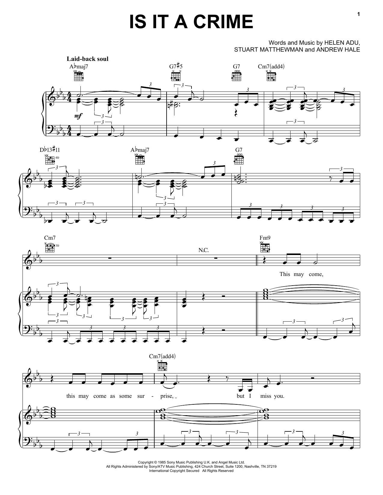 Sade Is It A Crime Sheet Music Notes & Chords for Piano, Vocal & Guitar (Right-Hand Melody) - Download or Print PDF