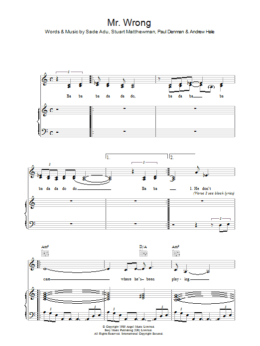 Sade Mr. Wrong Sheet Music Notes & Chords for Piano, Vocal & Guitar - Download or Print PDF