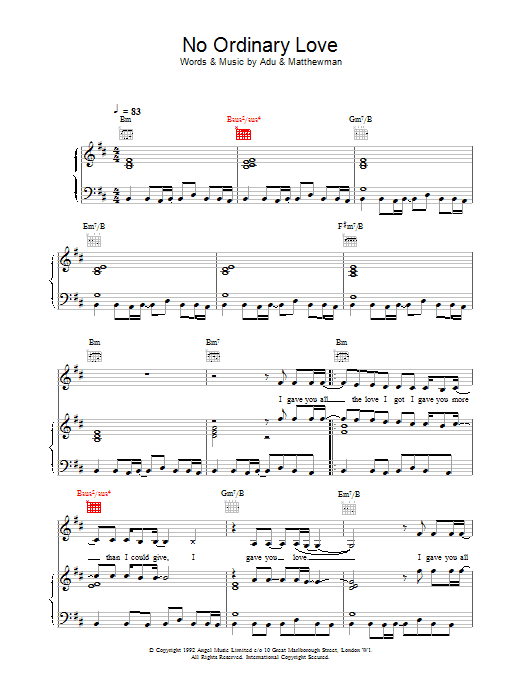 Sade No Ordinary Love Sheet Music Notes & Chords for Piano, Vocal & Guitar (Right-Hand Melody) - Download or Print PDF