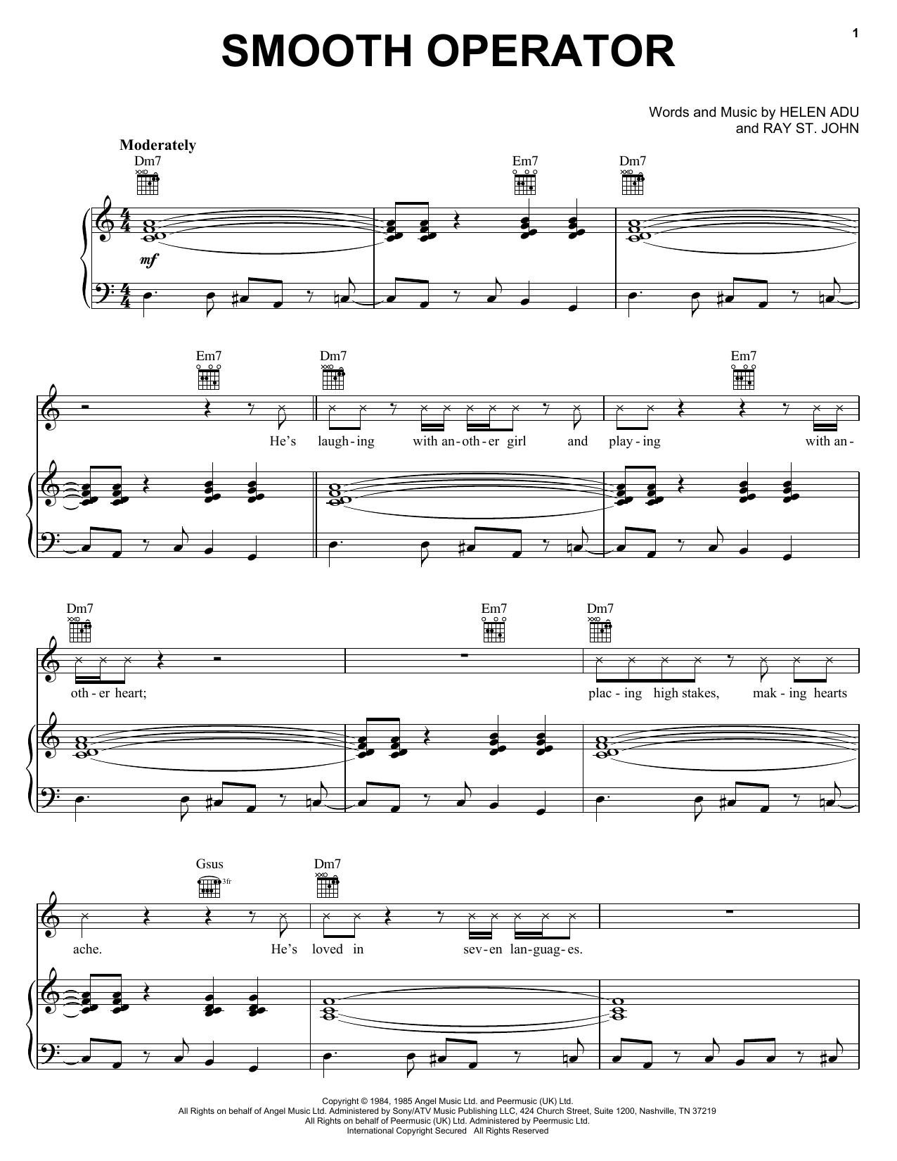 Sade Smooth Operator Sheet Music Notes & Chords for Piano, Vocal & Guitar (Right-Hand Melody) - Download or Print PDF