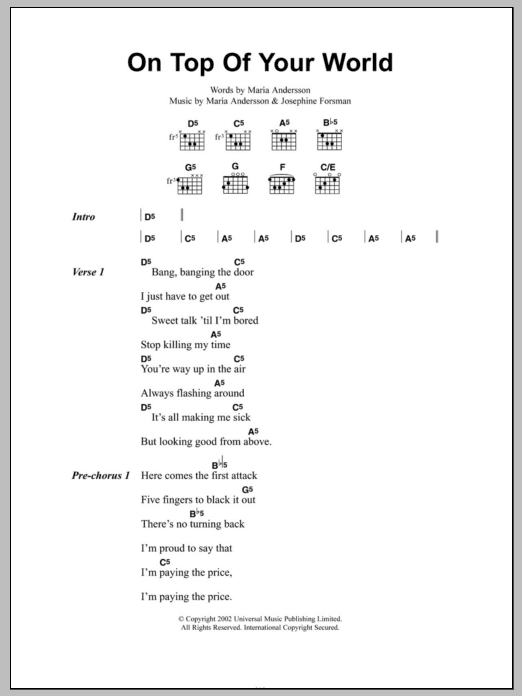 Sahara Hotnights On Top Of Your World Sheet Music Notes & Chords for Lyrics & Chords - Download or Print PDF