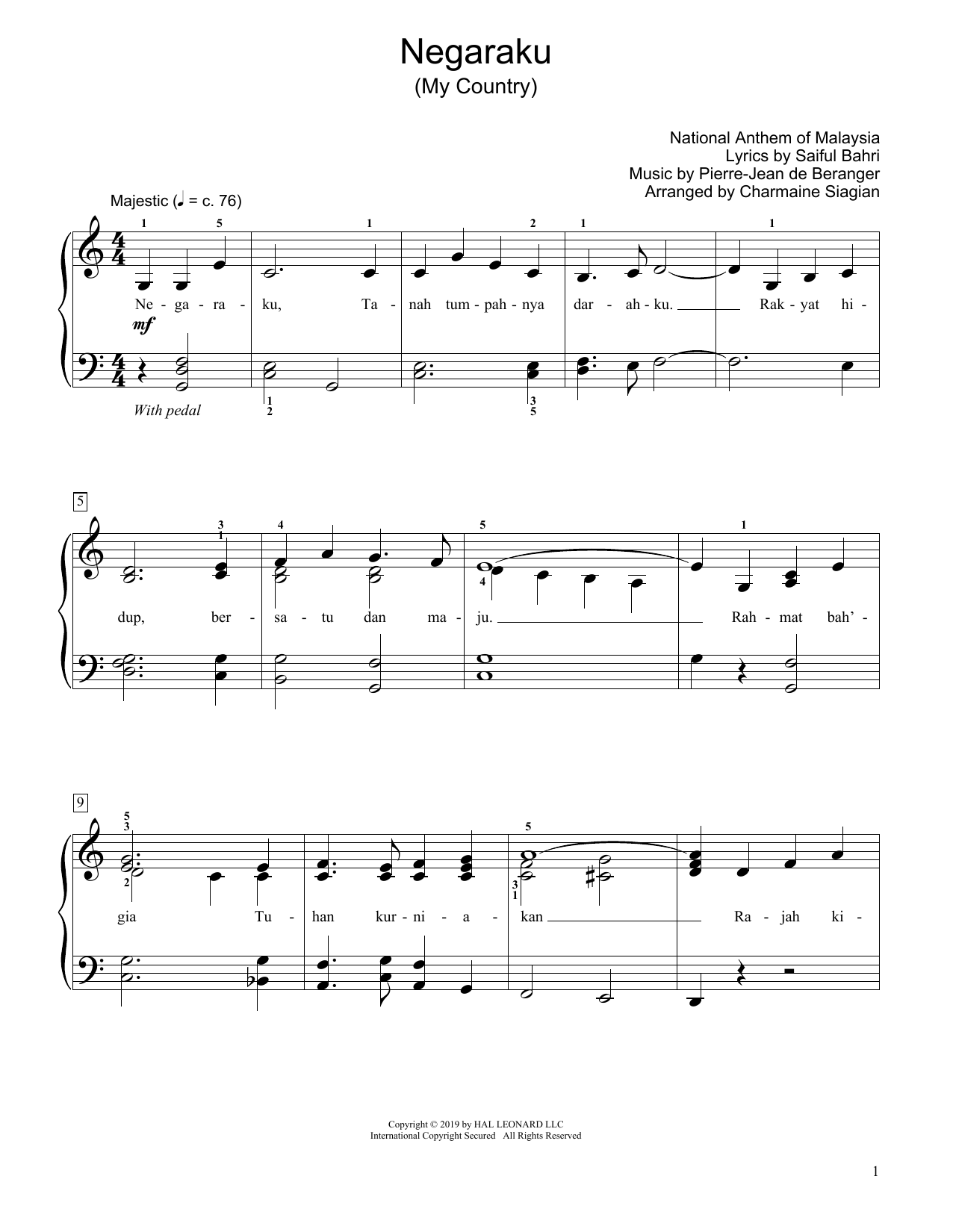 Saiful Bahri My Country (Negaraku) (arr. Charmaine Siagian) Sheet Music Notes & Chords for Educational Piano - Download or Print PDF