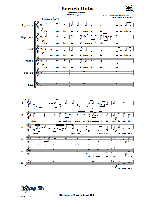 Salamone Rossi Baruch Haba (Blessed be all who come) Sheet Music Notes & Chords for Choral 6-Part - Download or Print PDF